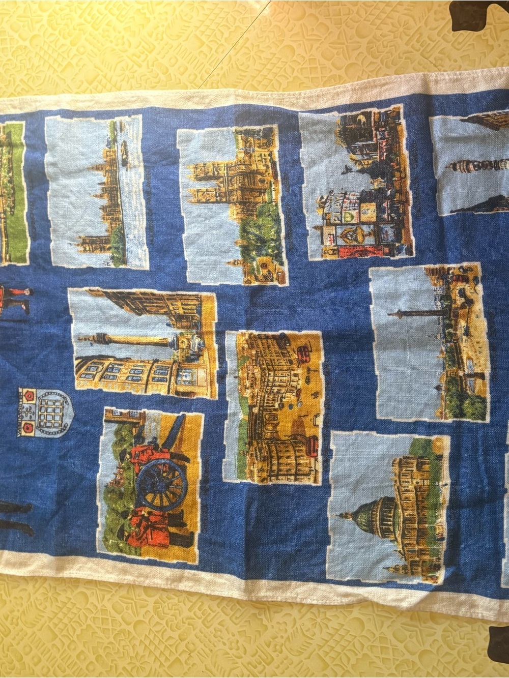 Vintage Blue Scenic Print Tea Towel with Landmark Panels